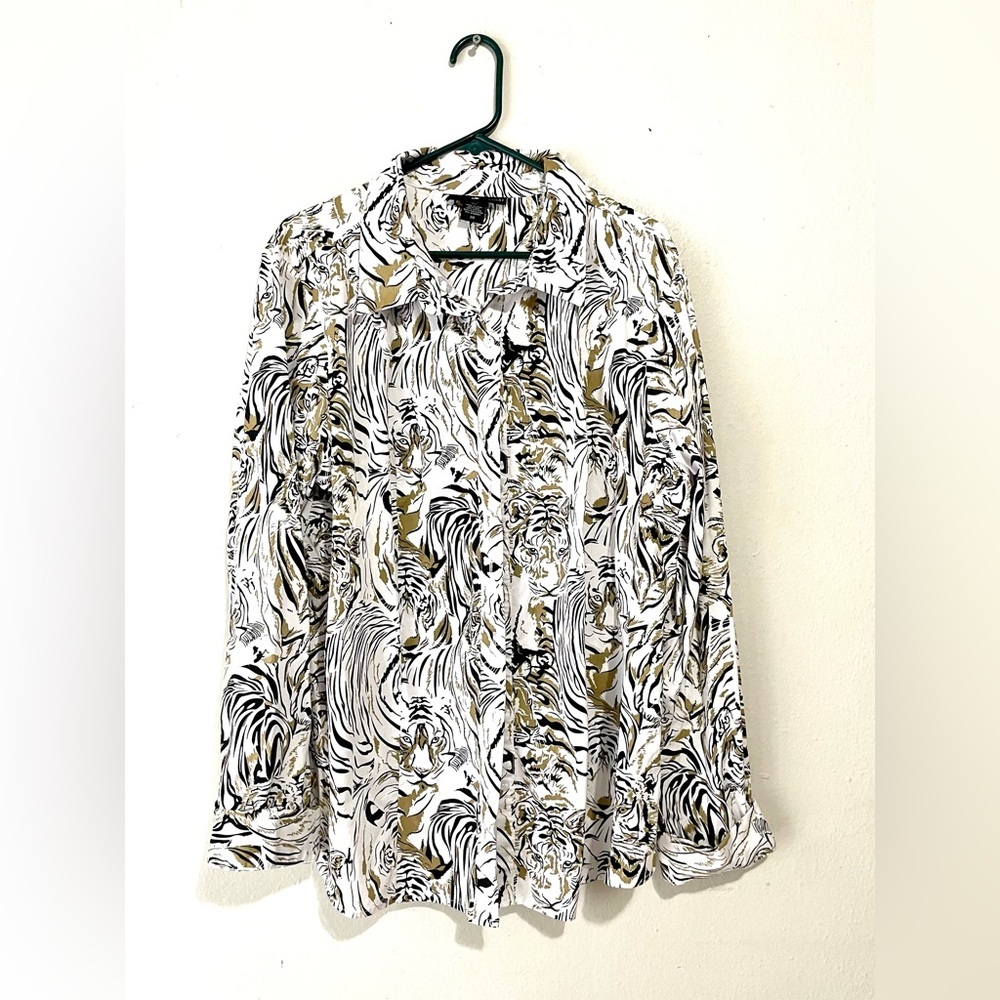 Ashley Stewart Blouse Top Women‎ Tiger Print Button Up Sleeve Career Sz Artsy